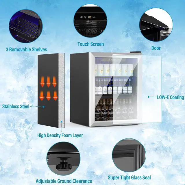 Alt view image 4 of 7 - Compact Beverage Refrigerator, 1.7Cu.Ft/70 Can Mini Fridge with Glass Door and Digital Display, Small Drink Fridge with Adjustable Shelves for Soda, Beer, or Wine, Compact Fridge for Bedroom