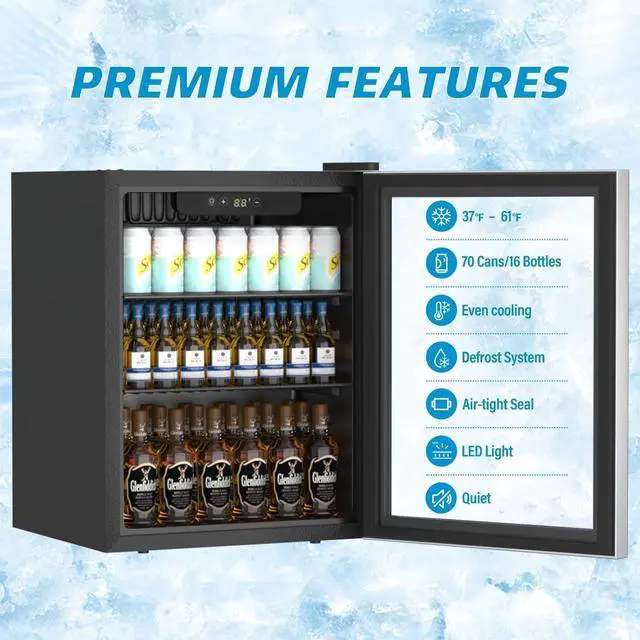 Alt view image 5 of 7 - Compact Beverage Refrigerator, 1.7Cu.Ft/70 Can Mini Fridge with Glass Door and Digital Display, Small Drink Fridge with Adjustable Shelves for Soda, Beer, or Wine, Compact Fridge for Bedroom