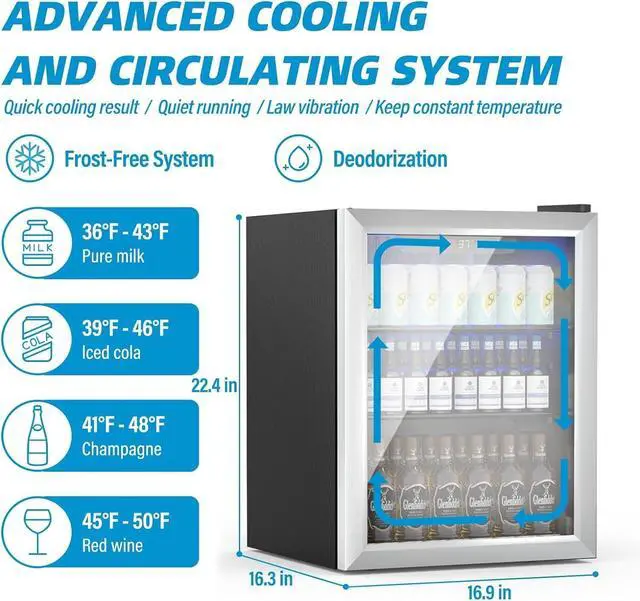 Alt view image 6 of 7 - Compact Beverage Refrigerator, 1.7Cu.Ft/70 Can Mini Fridge with Glass Door and Digital Display, Small Drink Fridge with Adjustable Shelves for Soda, Beer, or Wine, Compact Fridge for Bedroom