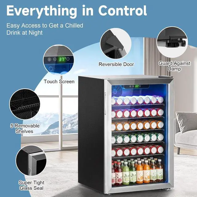 Alt view image 2 of 7 - Stopasd Compact Beverage Refrigerator, 4.5 Cu.Ft/145 Can Drink Fridge with Glass Door and Digital Display, Small Drink Fridge with Adjustable Shelves for Soda, Compact Fridge for Bar Office