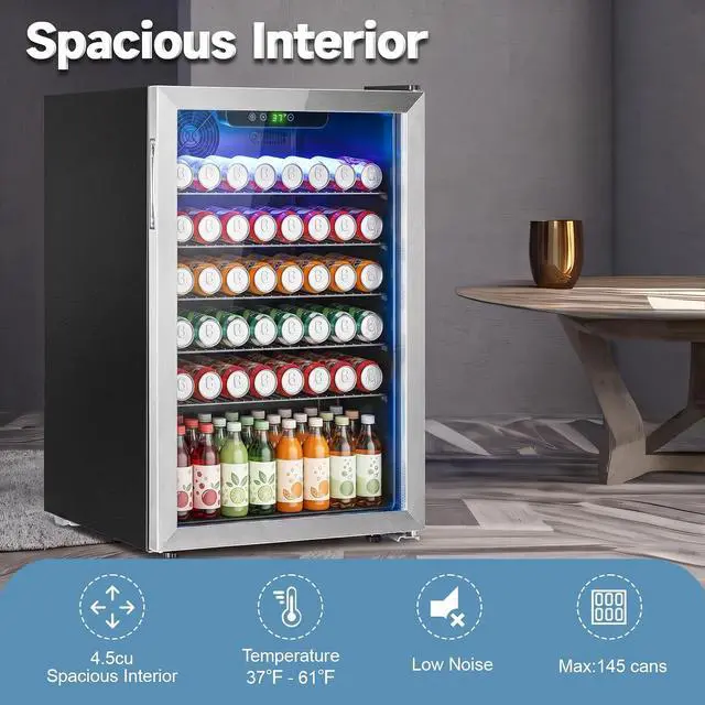 Alt view image 4 of 7 - Stopasd Compact Beverage Refrigerator, 4.5 Cu.Ft/145 Can Drink Fridge with Glass Door and Digital Display, Small Drink Fridge with Adjustable Shelves for Soda, Compact Fridge for Bar Office