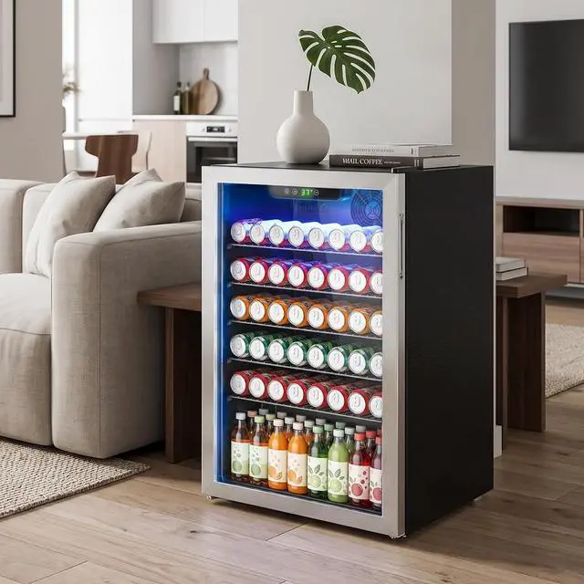 Alt view image 7 of 7 - Stopasd Compact Beverage Refrigerator, 4.5 Cu.Ft/145 Can Drink Fridge with Glass Door and Digital Display, Small Drink Fridge with Adjustable Shelves for Soda, Compact Fridge for Bar Office