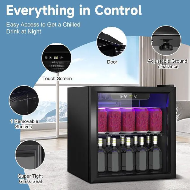Alt view image 2 of 7 - Compact Beverage Refrigerator, 1.3Cu.Ft/60 Can Mini Fridge with Glass Door and Digital Display, Small Drink Fridge with Adjustable Shelves for Soda, Beer, or Wine, Compact Fridge for Bedroom