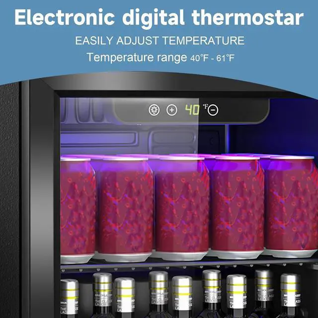 Alt view image 4 of 7 - Compact Beverage Refrigerator, 1.3Cu.Ft/60 Can Mini Fridge with Glass Door and Digital Display, Small Drink Fridge with Adjustable Shelves for Soda, Beer, or Wine, Compact Fridge for Bedroom