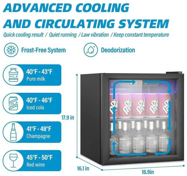 Alt view image 3 of 7 - Compact Beverage Refrigerator, 1.3Cu.Ft/60 Can Mini Fridge with Glass Door and Digital Display, Small Drink Fridge with Adjustable Shelves for Soda, Beer, or Wine, Compact Fridge for Bedroom