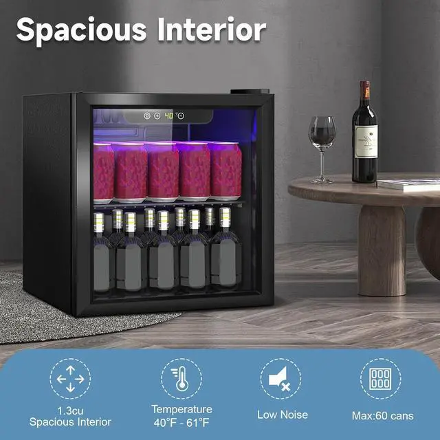 Alt view image 5 of 7 - Compact Beverage Refrigerator, 1.3Cu.Ft/60 Can Mini Fridge with Glass Door and Digital Display, Small Drink Fridge with Adjustable Shelves for Soda, Beer, or Wine, Compact Fridge for Bedroom