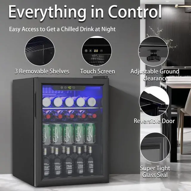 Alt view image 2 of 7 - Compact Beverage Refrigerator, 2.6Cu.Ft/95 Can Mini Fridge with Glass Door and Digital Display, Small Drink Fridge with Adjustable Shelves for Soda, Beer, or Wine, Compact Fridge for Home