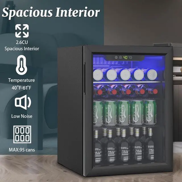 Alt view image 5 of 7 - Compact Beverage Refrigerator, 2.6Cu.Ft/95 Can Mini Fridge with Glass Door and Digital Display, Small Drink Fridge with Adjustable Shelves for Soda, Beer, or Wine, Compact Fridge for Home