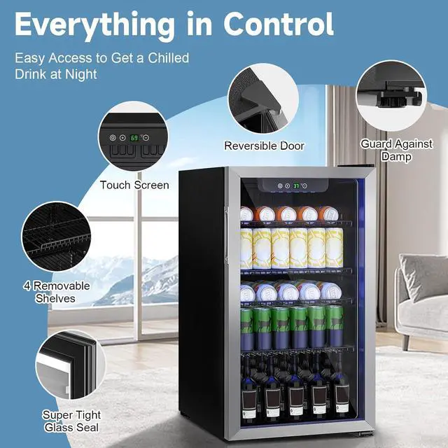 Alt view image 2 of 7 - Stopasd Compact Beverage Refrigerator, 3.2 Cu.Ft/126 Can Drink Fridge with Adjustable Shelves & Glass Door for Soda Wine Beer, Quiet Undercounter Small Fridge for Home/Office/Bar/Garage,Sliver