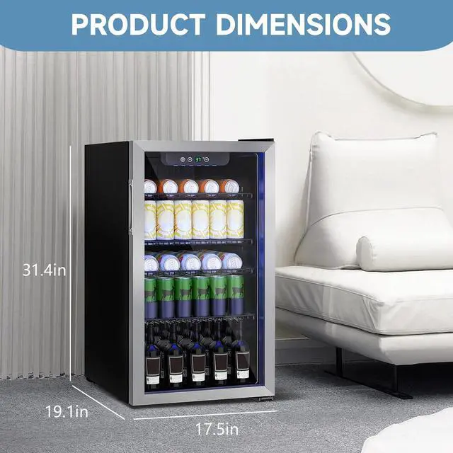 Alt view image 3 of 7 - Stopasd Compact Beverage Refrigerator, 3.2 Cu.Ft/126 Can Drink Fridge with Adjustable Shelves & Glass Door for Soda Wine Beer, Quiet Undercounter Small Fridge for Home/Office/Bar/Garage,Sliver
