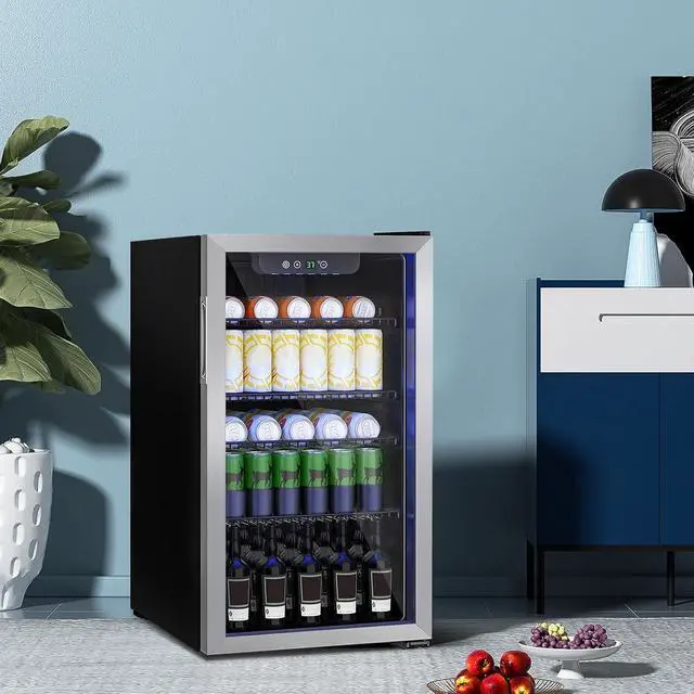 Alt view image 6 of 7 - Stopasd Compact Beverage Refrigerator, 3.2 Cu.Ft/126 Can Drink Fridge with Adjustable Shelves & Glass Door for Soda Wine Beer, Quiet Undercounter Small Fridge for Home/Office/Bar/Garage,Sliver