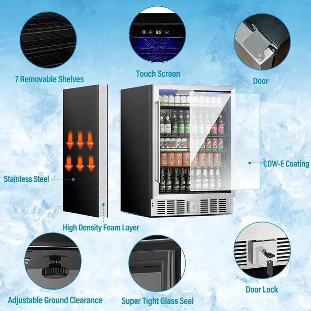 Alt view image 2 of 7 - Compact Beverage Refrigerator, 5.3Cu.Ft/166 Can Mini Fridge with Glass Door and Digital Display, Small Drink Fridge with Adjustable Shelves for Soda, Silent Undercounter Mini Fridge for Home