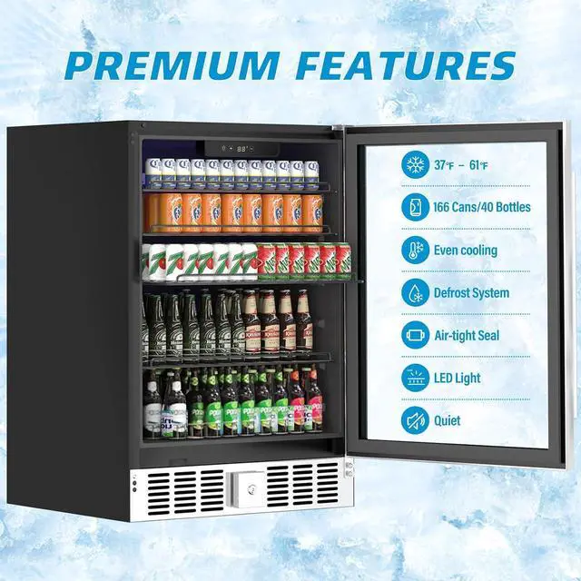 Alt view image 3 of 7 - Compact Beverage Refrigerator, 5.3Cu.Ft/166 Can Mini Fridge with Glass Door and Digital Display, Small Drink Fridge with Adjustable Shelves for Soda, Silent Undercounter Mini Fridge for Home