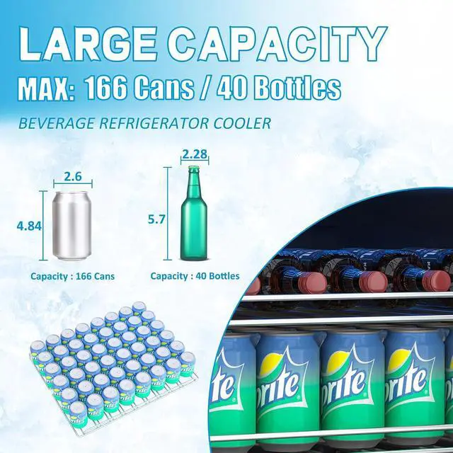 Alt view image 5 of 7 - Compact Beverage Refrigerator, 5.3Cu.Ft/166 Can Mini Fridge with Glass Door and Digital Display, Small Drink Fridge with Adjustable Shelves for Soda, Silent Undercounter Mini Fridge for Home
