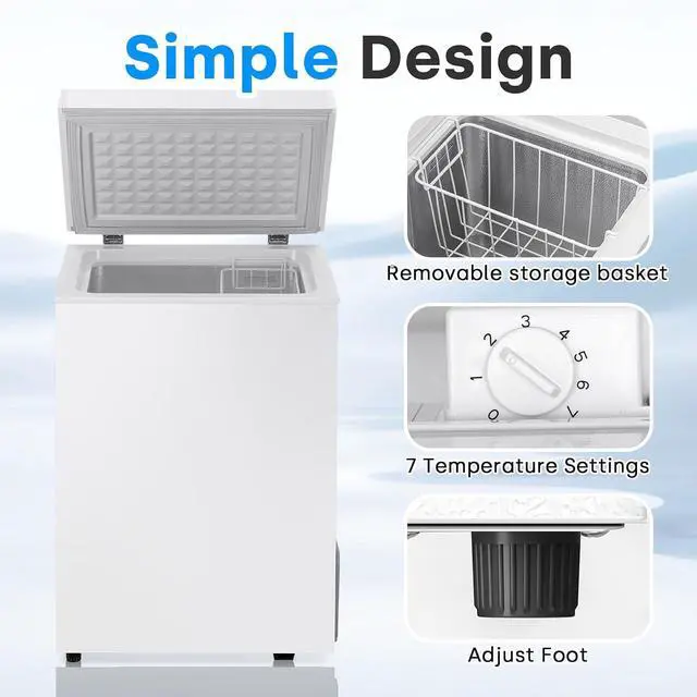 Alt view image 4 of 7 - 3.5 Cu.Ft Chest Freezer, Deep Freezer Holds Up to 78L, Small Freezer with Adjustable 7 Thermostat & Removable Basket, Freestanding Mini Freezer with Top Door for Home/Apartment/Garage, White