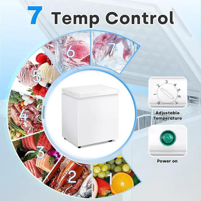 Alt view image 3 of 7 - 3.5 Cu.Ft Chest Freezer, Deep Freezer Holds Up to 78L, Small Freezer with Adjustable 7 Thermostat & Removable Basket, Freestanding Mini Freezer with Top Door for Home/Apartment/Garage, White