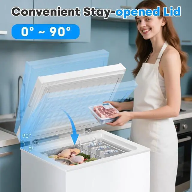 Alt view image 5 of 7 - 3.5 Cu.Ft Chest Freezer, Deep Freezer Holds Up to 78L, Small Freezer with Adjustable 7 Thermostat & Removable Basket, Freestanding Mini Freezer with Top Door for Home/Apartment/Garage, White