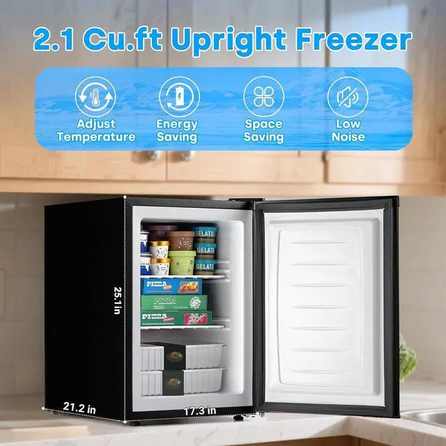 Alt view image 3 of 7 - 2.1 Cu.Ft Upright Freezer, Small Mini Freezer Hold Up to 75L with Adjustable 7 Thermostat & Removable Shelves, Compact Freezer with Reversible Door, Energy Saving for Home/Apartment/Garage