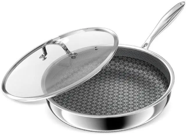 Main image of Hybrid Non Stick Frying Pans, 10-inch Stainless Steel Frying Pans with Tempered Glass Lid, 5 Ply Induction Cookware, Dishwasher-Friendly, Oven-Safe Up to 800°F, Compatible with All Cooktops