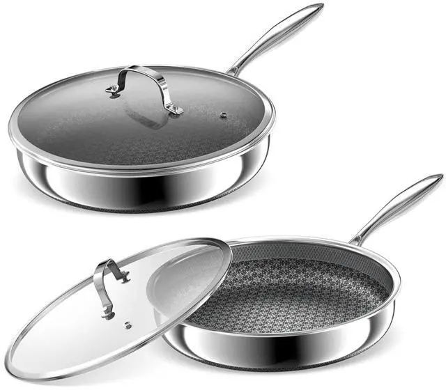 Main image of Hybrid Non Stick Frying Pans 2 Piece set, Stainless Steel Frying Pans with Tempered Glass Lid, 8" 10" 5 Ply Induction Cookware, Dishwasher-Friendly, Oven-Safe Up to 800°F, Compatible with All Cooktops