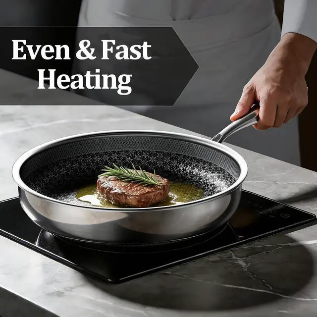 Alt view image 4 of 7 - Hybrid Nonstick Frying Pan, 12-Inch Stainless Steel Frying Pans, 5-Ply Induction Cookware Stainless Steel Skillet, Dishwasher Safe, Oven Safe Up to 800°F, Compatible with All Cooktops