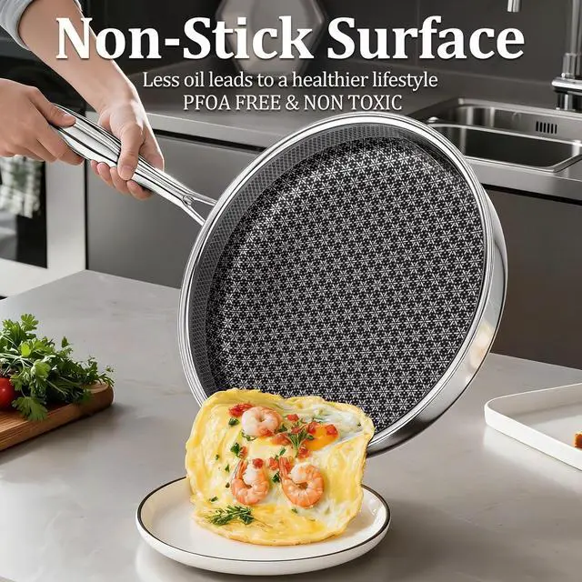 Alt view image 3 of 7 - Hybrid Nonstick Frying Pan, 12-Inch Stainless Steel Frying Pans, 5-Ply Induction Cookware Stainless Steel Skillet, Dishwasher Safe, Oven Safe Up to 800°F, Compatible with All Cooktops