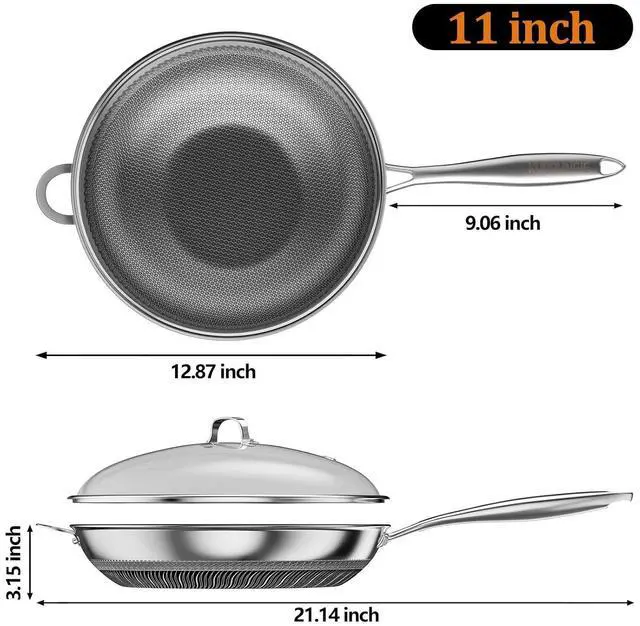 Alt view image 2 of 7 - Wok Pan, 11 Inch Hybrid Woks & Stir-fry Pans Nonstick, Non Toxic 5-Ply Stainless Steel Wok Pan with Lid, Laser Etched Surface, Works on All Stoves, Dishwasher & Induction Safe, PFOA Free