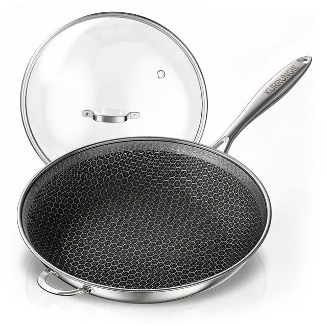 Main image of Wok Pan, 11 Inch Hybrid Woks & Stir-fry Pans Nonstick, Non Toxic 5-Ply Stainless Steel Wok Pan with Lid, Laser Etched Surface, Works on All Stoves, Dishwasher & Induction Safe, PFOA Free