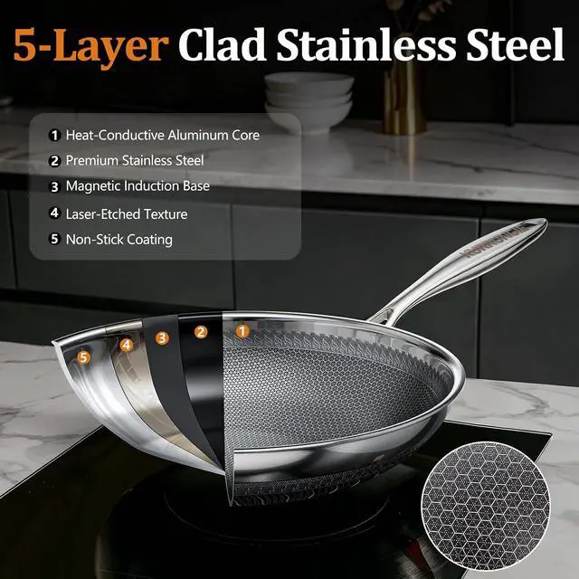 Alt view image 3 of 7 - Wok Pan, 14 Inch Hybrid Woks & Stir-fry Pans Nonstick, Non Toxic 5-Ply Stainless Steel Wok Pan with Lid, Laser Etched Surface, Works on All Stoves, Dishwasher & Induction Safe, PFOA Free