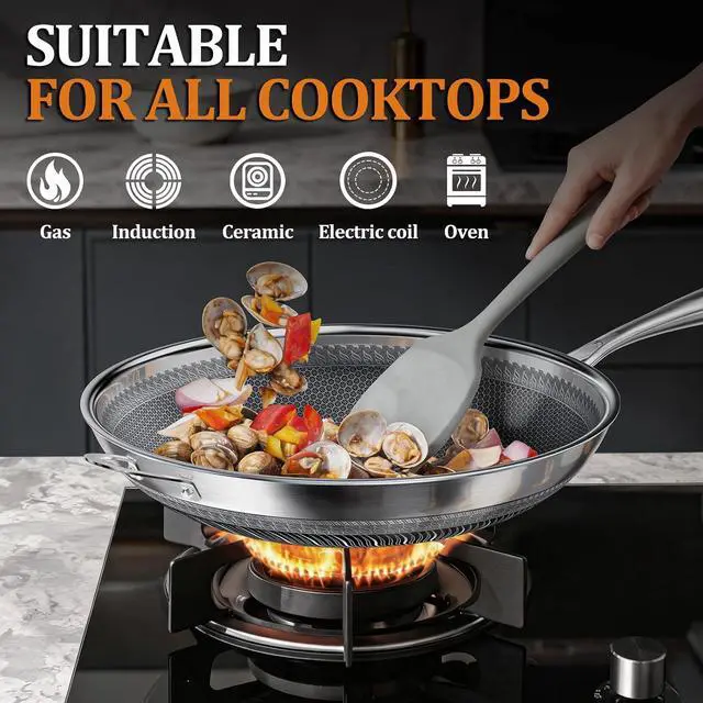 Alt view image 6 of 7 - Wok Pan, 14 Inch Hybrid Woks & Stir-fry Pans Nonstick, Non Toxic 5-Ply Stainless Steel Wok Pan with Lid, Laser Etched Surface, Works on All Stoves, Dishwasher & Induction Safe, PFOA Free
