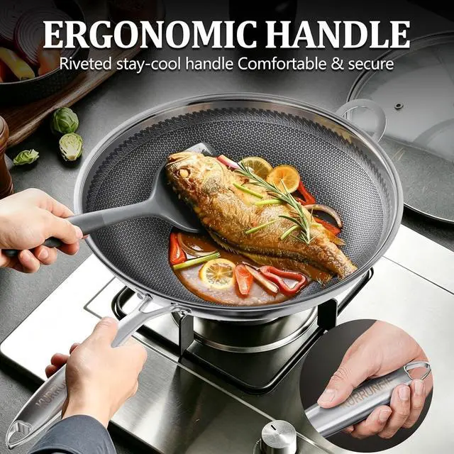 Alt view image 5 of 7 - Wok Pan, 14 Inch Hybrid Woks & Stir-fry Pans Nonstick, Non Toxic 5-Ply Stainless Steel Wok Pan with Lid, Laser Etched Surface, Works on All Stoves, Dishwasher & Induction Safe, PFOA Free