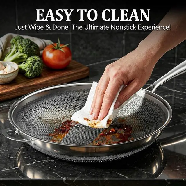 Alt view image 4 of 7 - Wok Pan, 14 Inch Hybrid Woks & Stir-fry Pans Nonstick, Non Toxic 5-Ply Stainless Steel Wok Pan with Lid, Laser Etched Surface, Works on All Stoves, Dishwasher & Induction Safe, PFOA Free