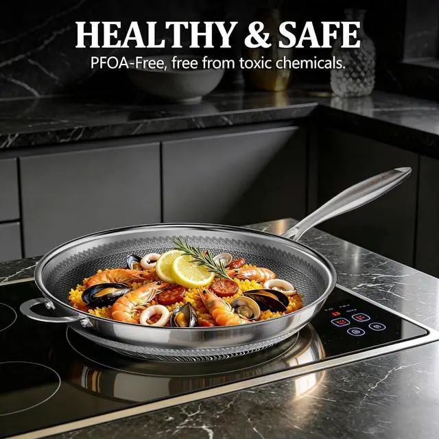 Alt view image 7 of 7 - Wok Pan, 14 Inch Hybrid Woks & Stir-fry Pans Nonstick, Non Toxic 5-Ply Stainless Steel Wok Pan with Lid, Laser Etched Surface, Works on All Stoves, Dishwasher & Induction Safe, PFOA Free