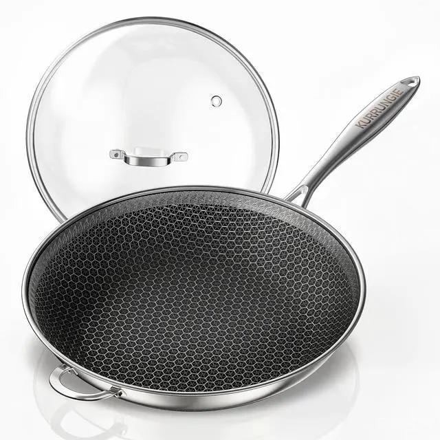 Main image of Wok Pan, 13 Inch Hybrid Woks & Stir-fry Pans Nonstick, Non Toxic 5-Ply Stainless Steel Wok Pan with Lid, Laser Etched Surface, Works on All Stoves, Dishwasher & Induction Safe, PFOA Free