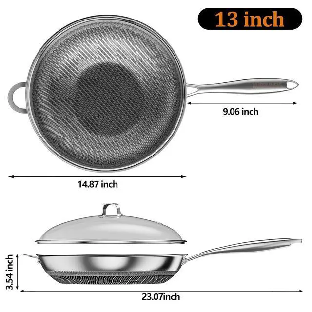 Alt view image 2 of 7 - Wok Pan, 13 Inch Hybrid Woks & Stir-fry Pans Nonstick, Non Toxic 5-Ply Stainless Steel Wok Pan with Lid, Laser Etched Surface, Works on All Stoves, Dishwasher & Induction Safe, PFOA Free