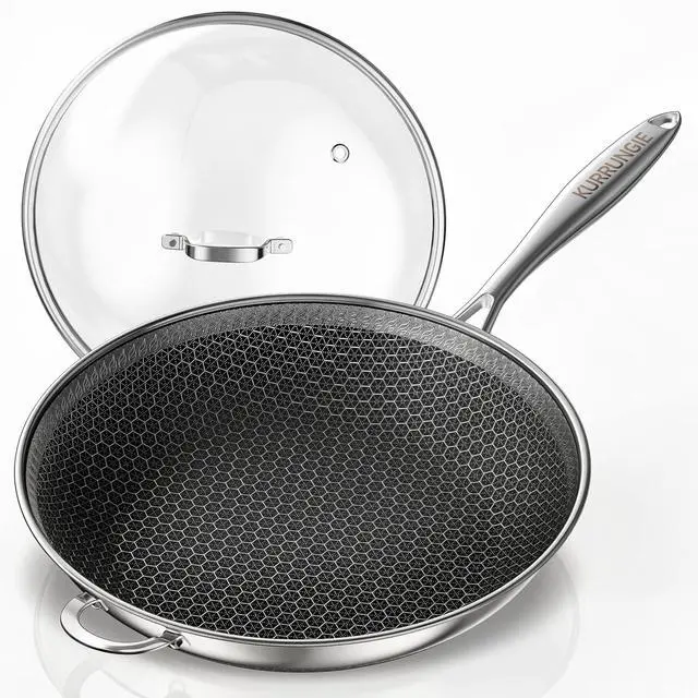 Main image of Wok Pan, 14 Inch Hybrid Woks & Stir-fry Pans Nonstick, Non Toxic 5-Ply Stainless Steel Wok Pan with Lid, Laser Etched Surface, Works on All Stoves, Dishwasher & Induction Safe, PFOA Free