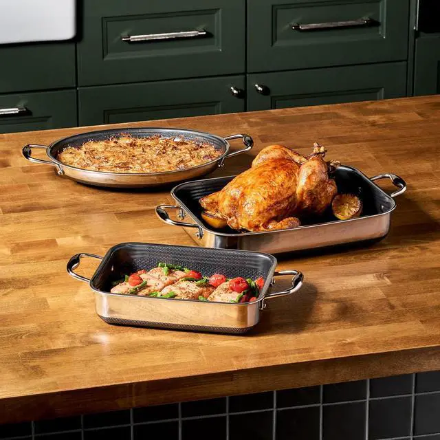 Alt view image 2 of 5 - Hybrid Nonstick 4 Piece Roasting Pan Set with Rack, Stay-Cool Handle, Dishwasher and Oven Safe, Compatible with All Cooktops, Induction Ready