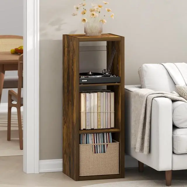 Main image of Cubicle Record Player Stand with Vinyl Storage, 3-Cube 1.2 Extra Thick Vinyl Record Storage, Open Back Media Shelf for CD DVD Blueray Game Disc, for Living Room, Home Office, Amber Pine