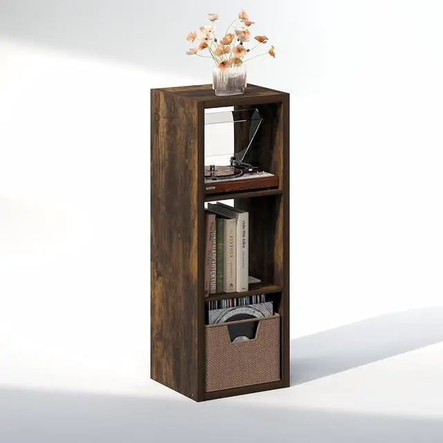 Alt view image 4 of 7 - Cubicle Record Player Stand with Vinyl Storage, 3-Cube 1.2 Extra Thick Vinyl Record Storage, Open Back Media Shelf for CD DVD Blueray Game Disc, for Living Room, Home Office, Amber Pine