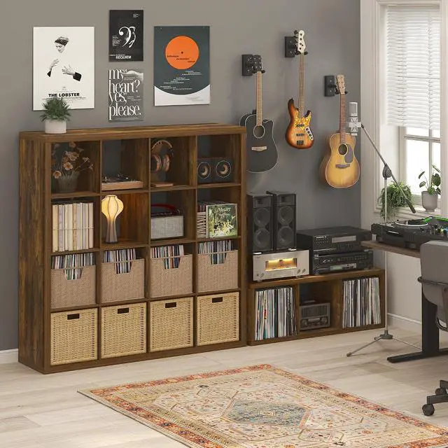 Alt view image 5 of 7 - Cubicle Record Player Stand with Vinyl Storage, 3-Cube 1.2 Extra Thick Vinyl Record Storage, Open Back Media Shelf for CD DVD Blueray Game Disc, for Living Room, Home Office, Amber Pine
