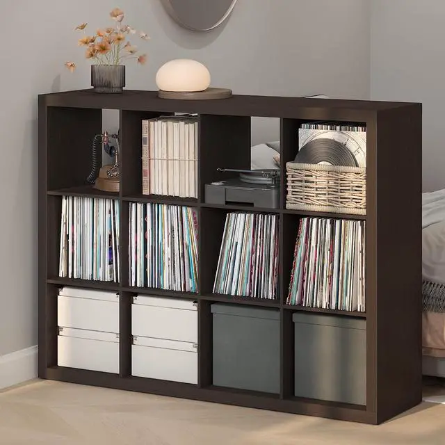 Main image of Cubicle Record Player Stand with Vinyl Storage, 12-Cube Vinyl Record Storage, 1.65" Triple Thick Open Back Media Shelf for CD DVD Blueray Game, for Living Room, Home Office, Black Dark Oak