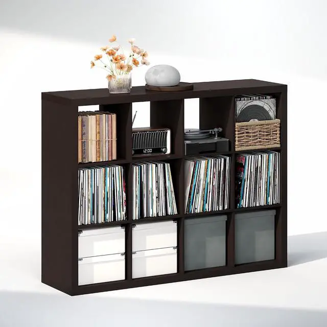 Alt view image 3 of 7 - Cubicle Record Player Stand with Vinyl Storage, 12-Cube Vinyl Record Storage, 1.65" Triple Thick Open Back Media Shelf for CD DVD Blueray Game, for Living Room, Home Office, Black Dark Oak