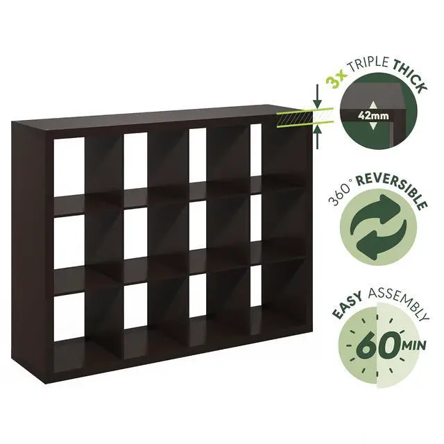 Alt view image 5 of 7 - Cubicle Record Player Stand with Vinyl Storage, 12-Cube Vinyl Record Storage, 1.65" Triple Thick Open Back Media Shelf for CD DVD Blueray Game, for Living Room, Home Office, Black Dark Oak