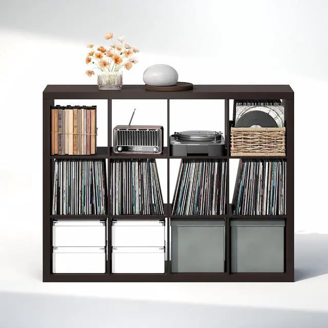 Alt view image 6 of 7 - Cubicle Record Player Stand with Vinyl Storage, 12-Cube Vinyl Record Storage, 1.65" Triple Thick Open Back Media Shelf for CD DVD Blueray Game, for Living Room, Home Office, Black Dark Oak