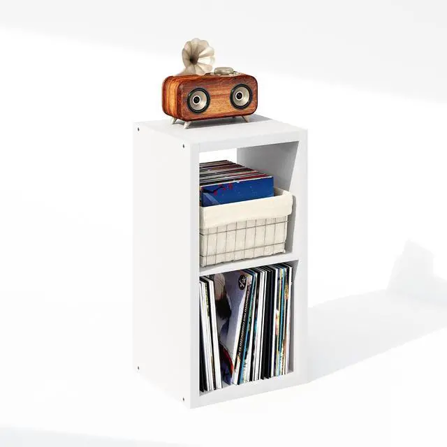 Alt view image 4 of 7 - Cubicle Record Player Stand with Vinyl Storage, 2-Cube 1.2 Extra Thick Vinyl Record Storage, Open Back Media Shelf for CD DVD Blueray Game Disc, for Living Room, Home Office, White