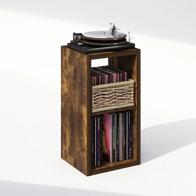 Alt view image 4 of 7 - Cubicle Record Player Stand with Vinyl Storage, 2-Cube 1.2 Extra Thick Vinyl Record Storage, Open Back Media Shelf for CD DVD Blueray Game Disc, for Living Room, Home Office, Amber Pine