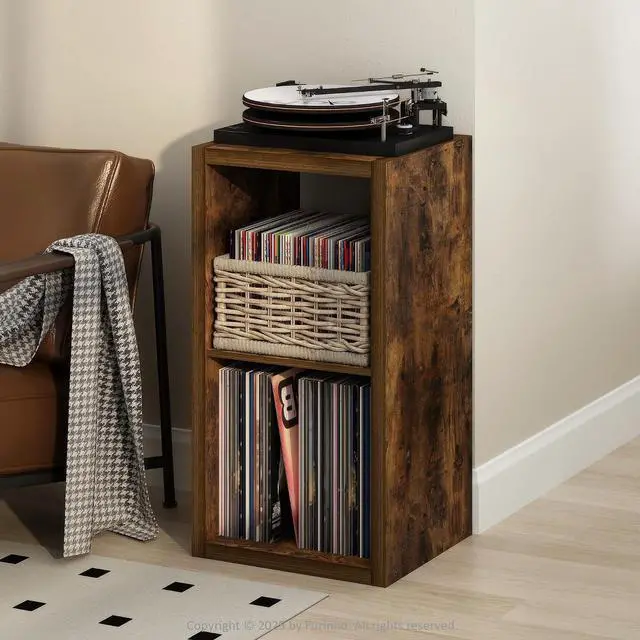 Main image of Cubicle Record Player Stand with Vinyl Storage, 2-Cube 1.2 Extra Thick Vinyl Record Storage, Open Back Media Shelf for CD DVD Blueray Game Disc, for Living Room, Home Office, Amber Pine
