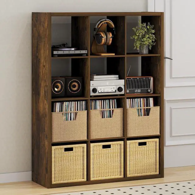 Main image of Cubicle Record Player Stand with Vinyl Storage, 12-Cube 1.2 Extra Thick Vinyl Record Storage, Open Back Media Shelf for CD DVD Blueray Game Disc, for Living Room, Home Office, Amber Pine