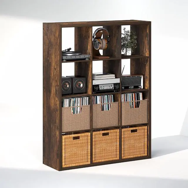 Alt view image 4 of 7 - Cubicle Record Player Stand with Vinyl Storage, 12-Cube 1.2 Extra Thick Vinyl Record Storage, Open Back Media Shelf for CD DVD Blueray Game Disc, for Living Room, Home Office, Amber Pine