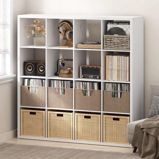 Main image of Cubicle Record Player Stand with Vinyl Storage, 16-Cube 1.2 Extra Thick Vinyl Record Storage, Open Back Media Shelf for CD DVD Blueray Game Disc, for Living Room, Home Office, White